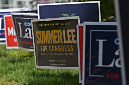 PITTSBURGH, PA – MAY 17: Campaign signs are seen on primary election day at the polls at the James Laughlin Hall on the campus of Chatham College on May 17, 2022 in Pittsburgh, Pennsylvania. Pennsylvanians will be voting to select candidates from each party’s primaries for a new governor, lieutenant governor, U.S. senator, and U.S representative.   Jeff Swensen/Getty Images/AFP (Photo by JEFF SWENSEN / GETTY IMAGES NORTH AMERICA / Getty Images via AFP)