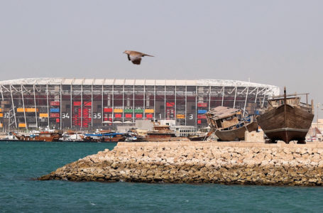 A picture taken on May 21, 2022, shows a view of the 974 Stadium, formerly knows as Ras Abu Aboud, in the Qatari capital Doha, which will host matches of the FIFA football World Cup 2022. (Photo by KARIM JAAFAR / AFP)