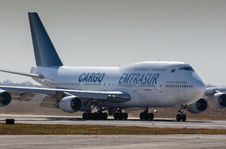 View of the Boeing 747-300 registrered number YV3531 of Venezuelan Emtrasur cargo airline at the international airport in Cordoba, Argentina, on June 6, 2022, before taking off for Buenos Aires. – A plane transporting automotive components, 14 Venezuelan crew members and five Iranians, is being held at the Ezeiza airport in Buenos Aires, after raising suspicion on the motifs of its flight to Argentina, official sources informed AFP on June 12, 2022. (Photo by Sebastian BORSERO / AFP)