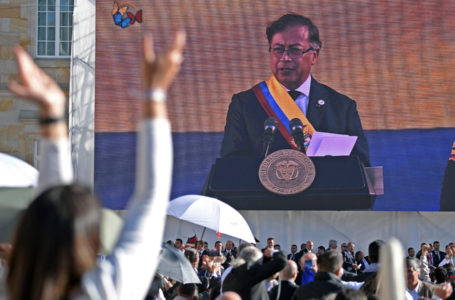 Colombia’s new President Gustavo Petro delivers a speech during the inauguration ceremony at the Bolivar square in Bogota, on August 7, 2022. – Ex-guerrilla and former mayor Gustavo Petro will be sworn in as Colombia’s first-ever leftist president, with plans for profound reforms in a country beset by economic inequality and drug violence. (Photo by Raul ARBOLEDA / AFP)