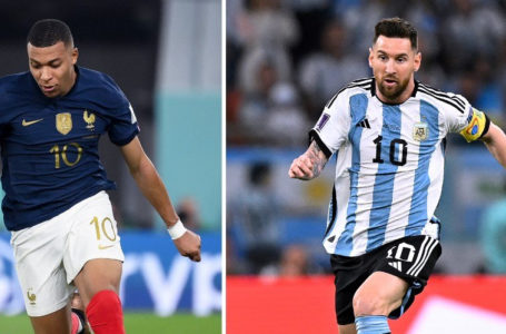 (COMBO) This combination of file photos created on December 16, 2022, shows France’s forward #10 Kylian Mbappe (L) in Doha on November 26, 2022; and Argentina’s forward #10 Lionel Messi in Al-Rayyan, west of Doha on December 3, 2022. – Argentina will play France in the Qatar 2022 World Cup football final match in Doha on December 18, 2022. (Photo by Franck FIFE and Alfredo ESTRELLA / AFP)