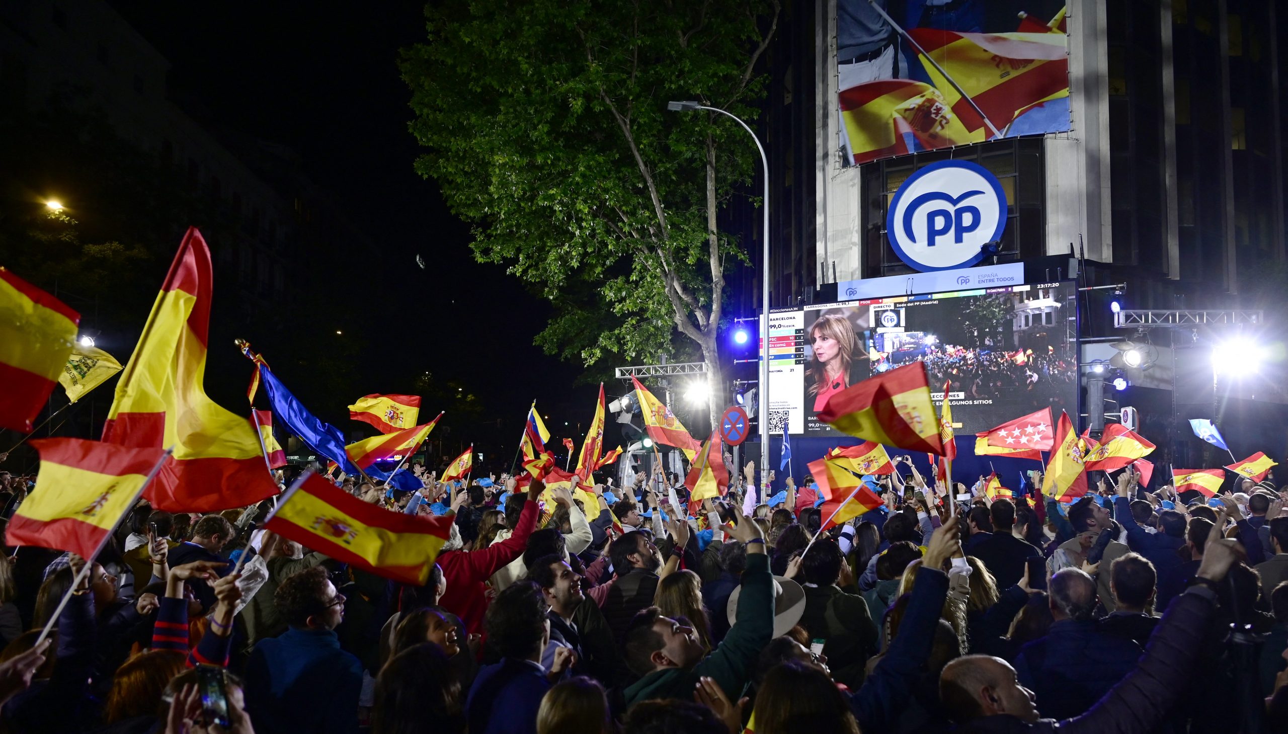 Popular Party (PP) supporters gather to celebrate the polls result outside the party headquarters in Madrid on May 28, 2023 after the local and regional elections held in Spain. Spain’s right-wing opposition posted strong gains both locally and regionally following today’s polls in a clear setback for Socialist Prime Minister Pedro Sanchez, initial results and media reports said.  At a local level, the main opposition Popular Party secured the largest number of votes with 90 percent of the ballots counted, while the Socialists lost several regions they held, notably Valencia, media reports said. (Photo by JAVIER SORIANO / AFP)