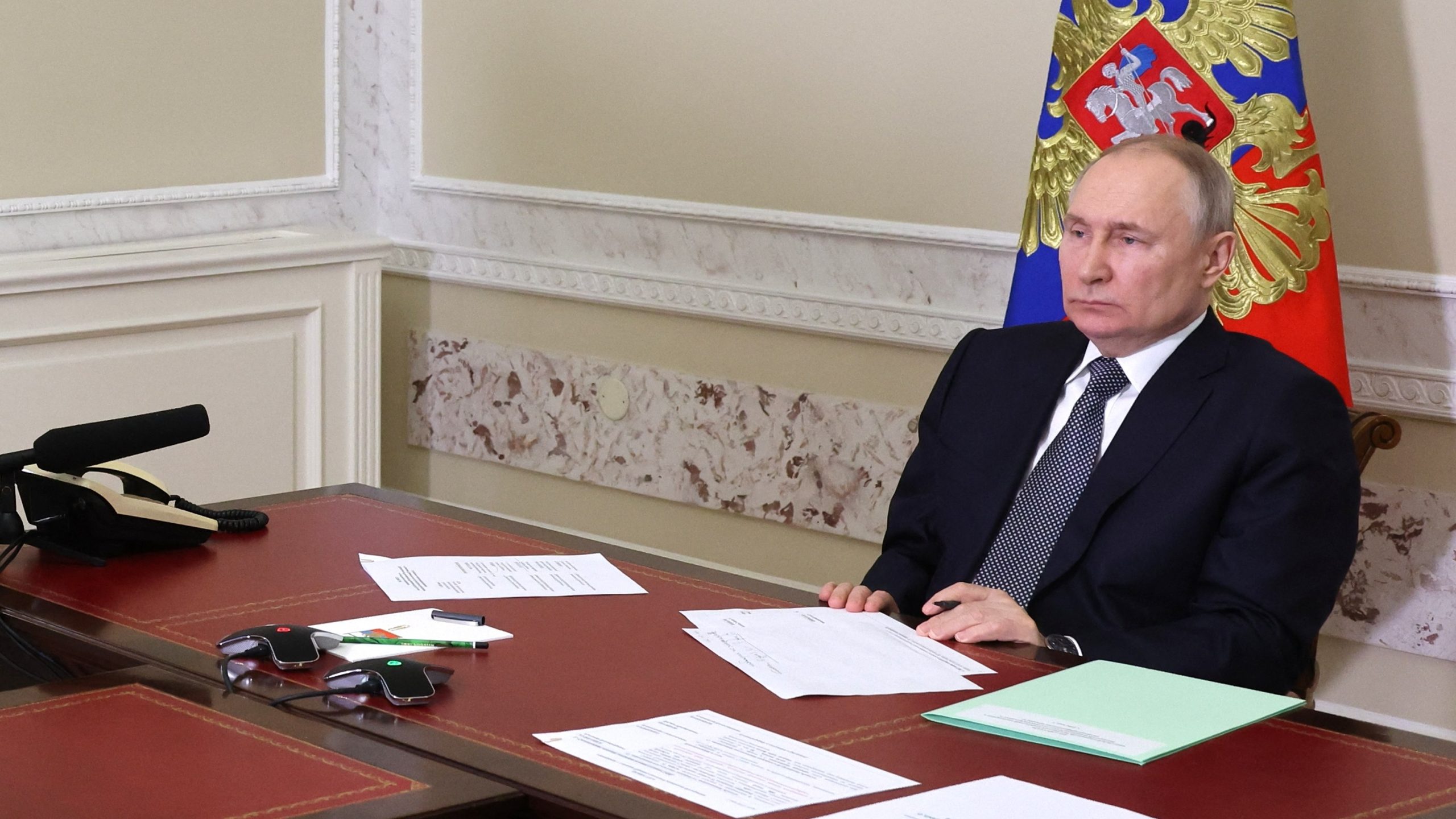 Russian President Vladimir Putin chairs a government meeting on tourism development in Russia via a video link from Saint Petersburg on May 2, 2023. (Photo by Mikhail KLIMENTYEV / SPUTNIK / AFP)