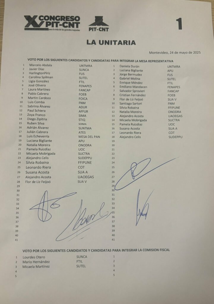 La lista 1, llamada “La Unitaria” e impulsada por la UNTMRA, el SUNCA y la FUS. / Foto: X de Marcelo Abdala (@MarceAbdalaCNT).