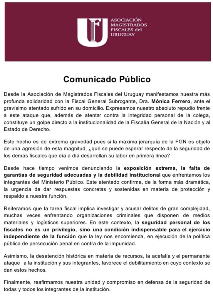 Comunicado de la Asociación de Magistrados Fiscales del Uruguay tras atentado a fiscal de Corte