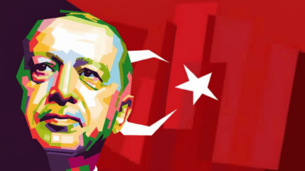 El líder turco con la bandera de Turquía detrás
