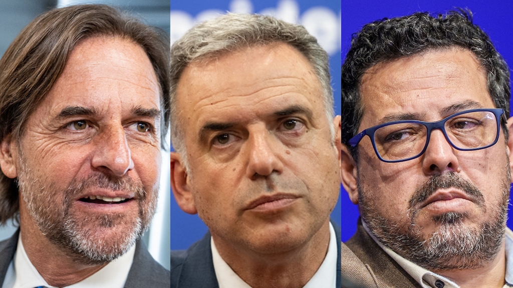Luis Lacalle Pou, Yamandú Orsi y Alejandro Sánchez. Foto: adhocFotos