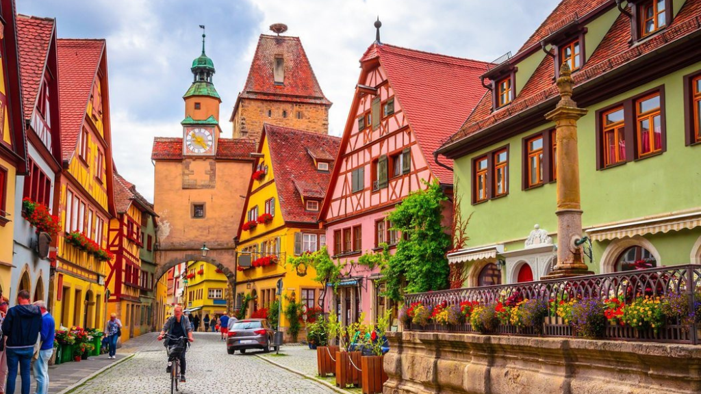 Una calle de un pueblo alemán con casas tipo cabañas coloridas