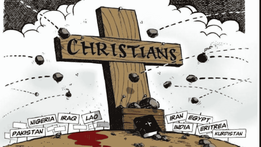 Una cruz que dicta la palabra "Cristianos" sobre nombres de países y regiones del mundo. La cruz está siendo apedreada y está rodeada de telarañas